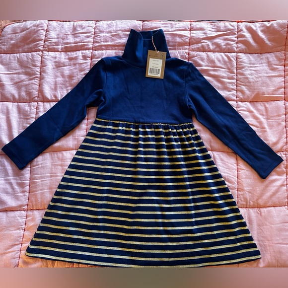 Mini Boden Navy and Sparkle Gold Striped Formal Turtleneck Dress